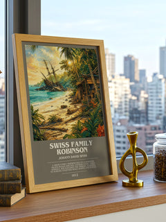 Swiss Family Robinson Bookish Wall Art by Johann David Wyss – framed print on a city-view windowsill