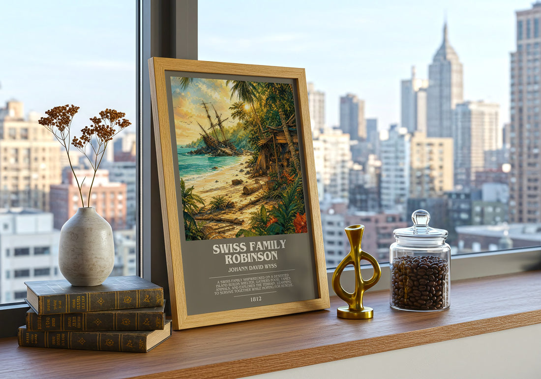 Swiss Family Robinson Bookish Wall Art by Johann David Wyss – framed print on a city-view windowsill
