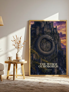 The Worm Ouroboros watercolour print in frame leaning in hallway – fantasy wall art