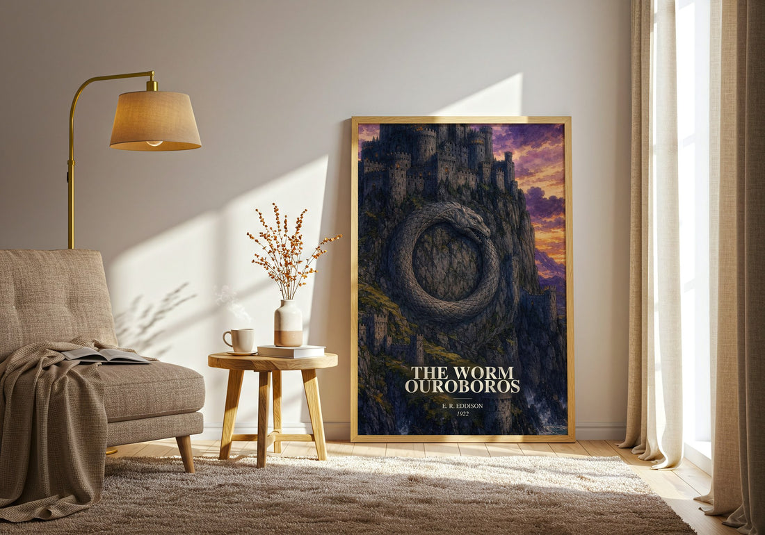 The Worm Ouroboros watercolour print in frame leaning in hallway – fantasy wall art