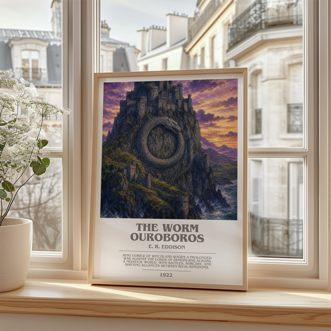 The Worm Ouroboros Bookish Wall Art by E. R. Eddison – framed print by a bright window