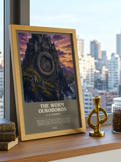 The Worm Ouroboros Bookish Wall Art by E. R. Eddison – framed print on a city-view windowsill