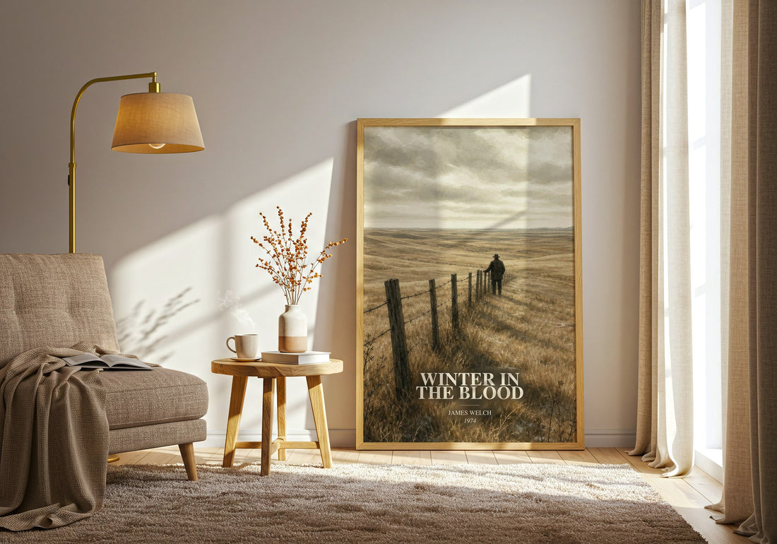 Winter In The Blood watercolour print in frame leaning in hallway – literary fiction wall art