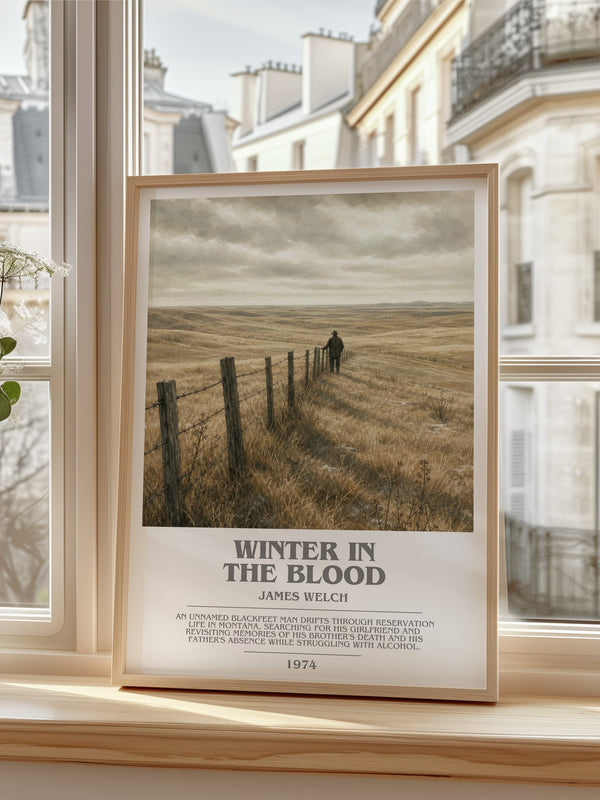 Winter In The Blood Bookish Wall Art by James Welch – framed print by a bright window