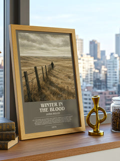 Winter In The Blood Bookish Wall Art by James Welch – framed print on a city-view windowsill
