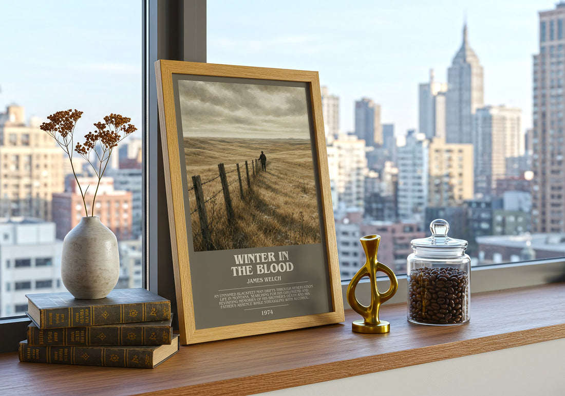 Winter In The Blood Bookish Wall Art by James Welch – framed print on a city-view windowsill