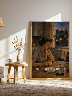 Tell Me a Riddle watercolour print in frame leaning in hallway – literary fiction wall art