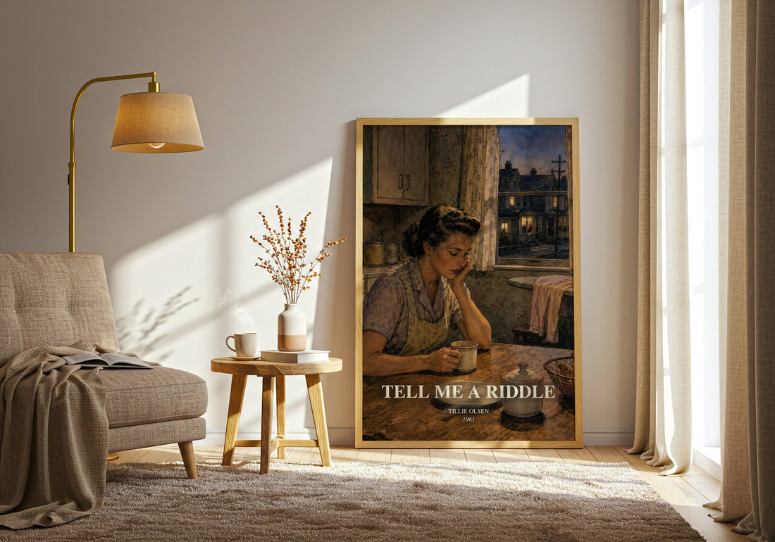 Tell Me a Riddle watercolour print in frame leaning in hallway – literary fiction wall art
