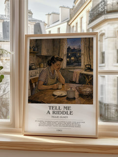 Tell Me a Riddle Bookish Wall Art by Tillie Olsen – framed print by a bright window
