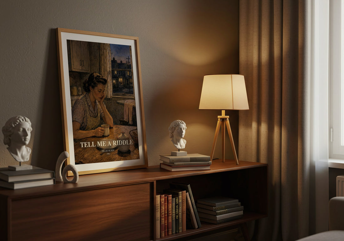 Tell Me a Riddle watercolour print on bookshelf – Tillie Olsen fan gift