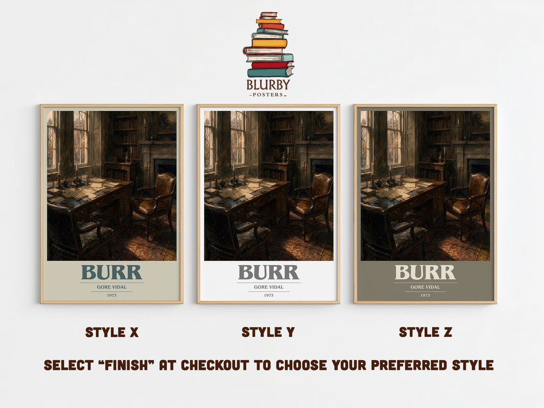 Burr book cover print in frame leaning in hallway – historical fiction wall art (mockup)