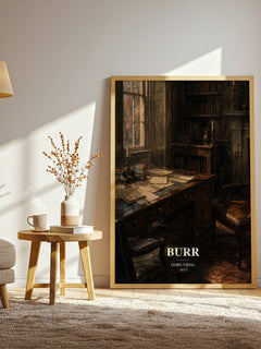 Burr watercolour print in frame leaning in hallway – historical fiction wall art