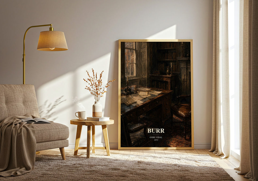 Burr watercolour print in frame leaning in hallway – historical fiction wall art