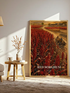 Red Sorghum watercolour print in frame leaning in hallway – historical fiction wall art