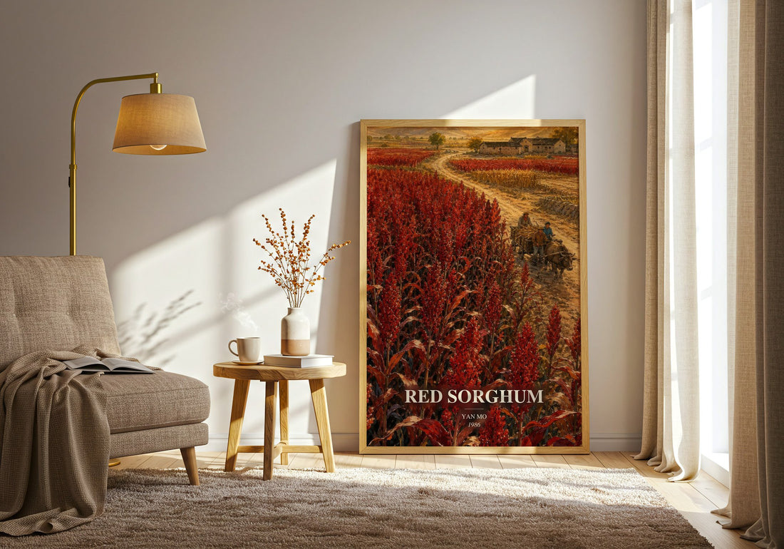 Red Sorghum watercolour print in frame leaning in hallway – historical fiction wall art