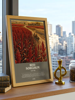 Red Sorghum Bookish Wall Art by Yan Mo – framed print on a city-view windowsill