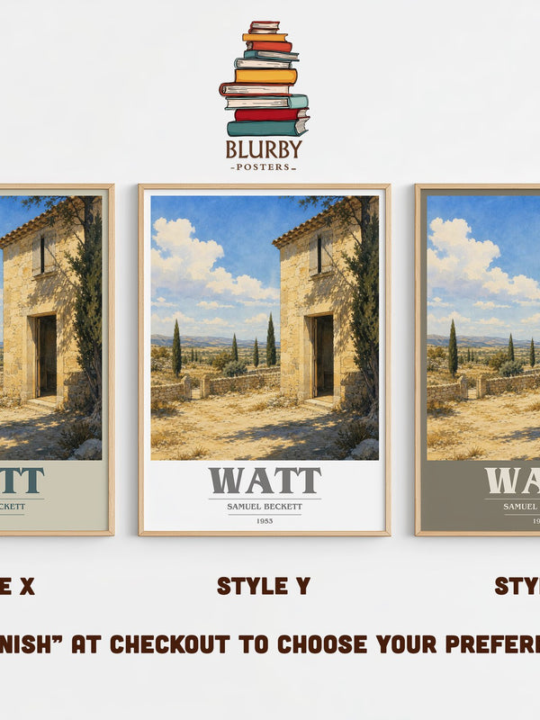 Watt book cover print in frame leaning in hallway – literary fiction wall art