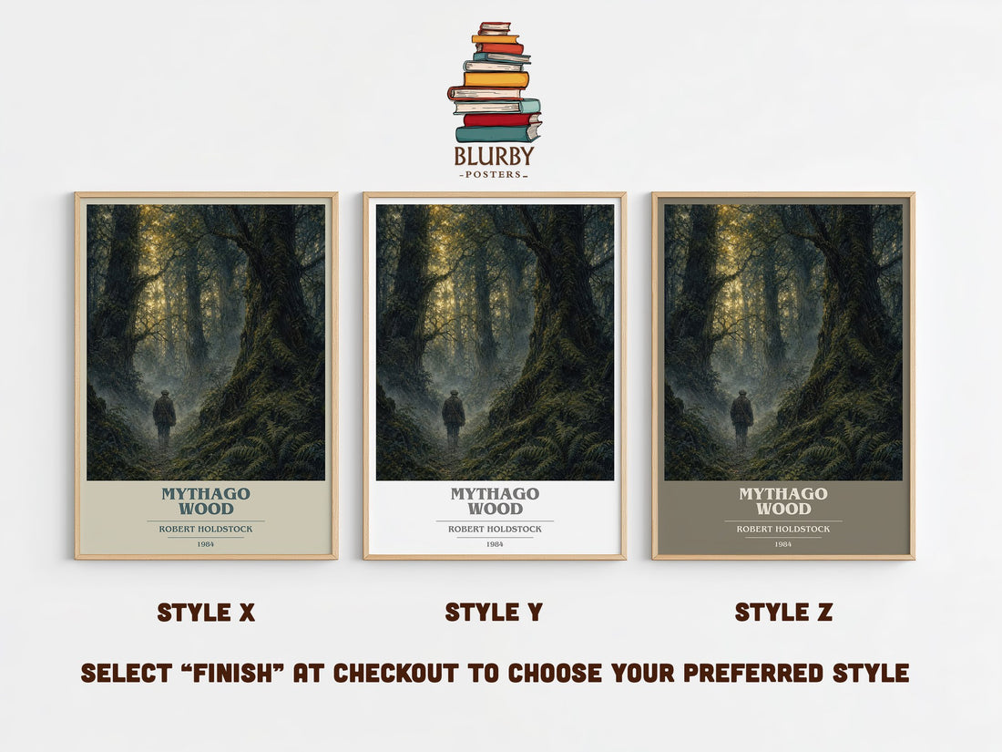 Mythago Wood book cover print in frame leaning in hallway – fantasy wall art (mockup)