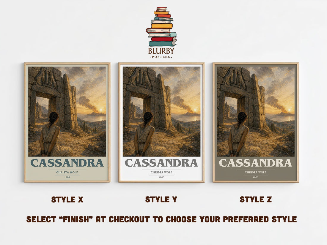 Cassandra book cover print in frame leaning in hallway – literary fiction wall art (mockup)
