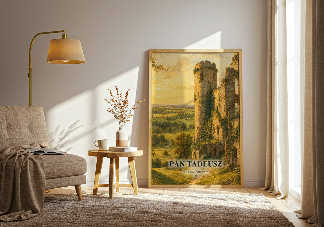 Pan Tadeusz watercolour print in frame leaning in hallway – poetry wall art