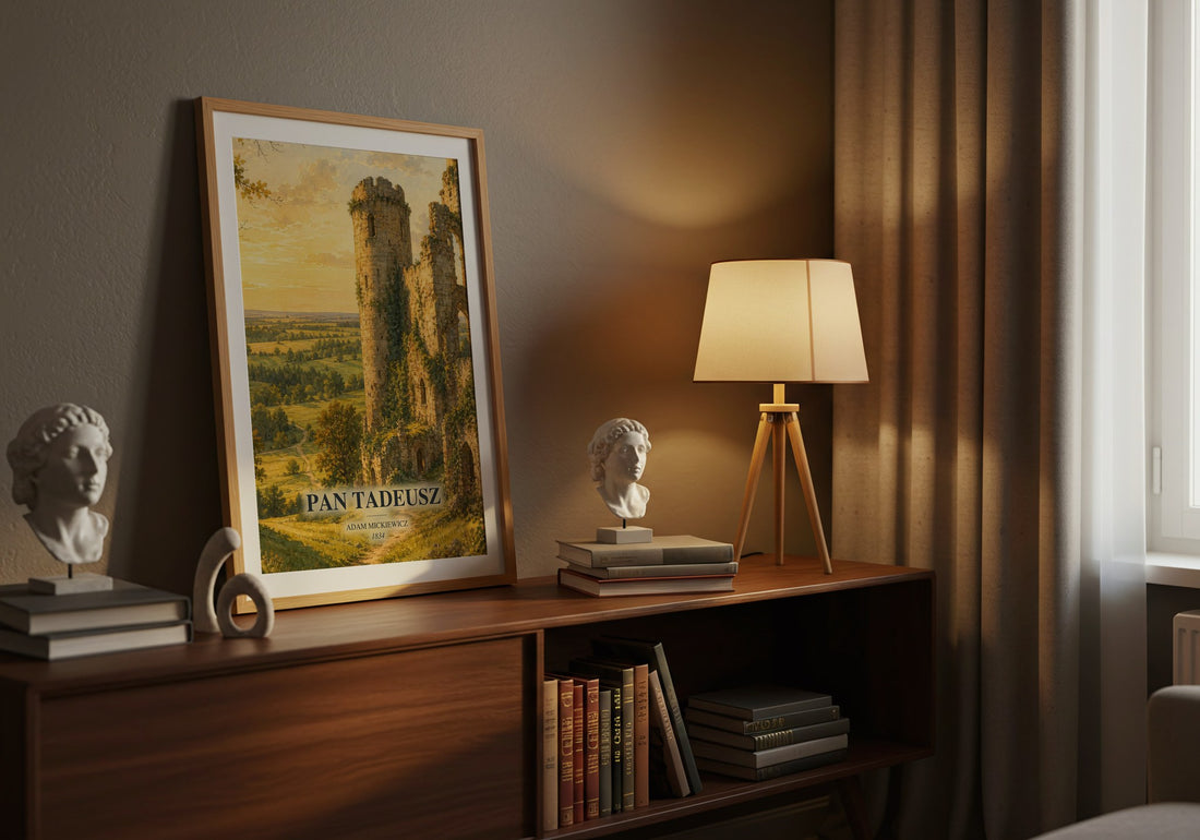 Pan Tadeusz watercolour print on bookshelf – Adam Mickiewicz fan gift