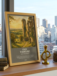 Pan Tadeusz Bookish Wall Art by Adam Mickiewicz – framed print on a city-view windowsill