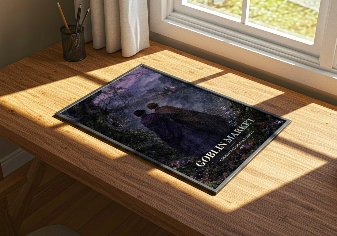 Goblin Market watercolour book poster framed on wall – poetry wall art