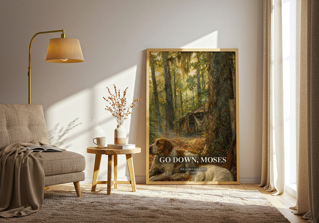 Go Down, Moses watercolour print in frame leaning in hallway – literary fiction wall art