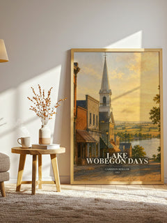 Lake Wobegon Days watercolour print in frame leaning in hallway – literary fiction wall art