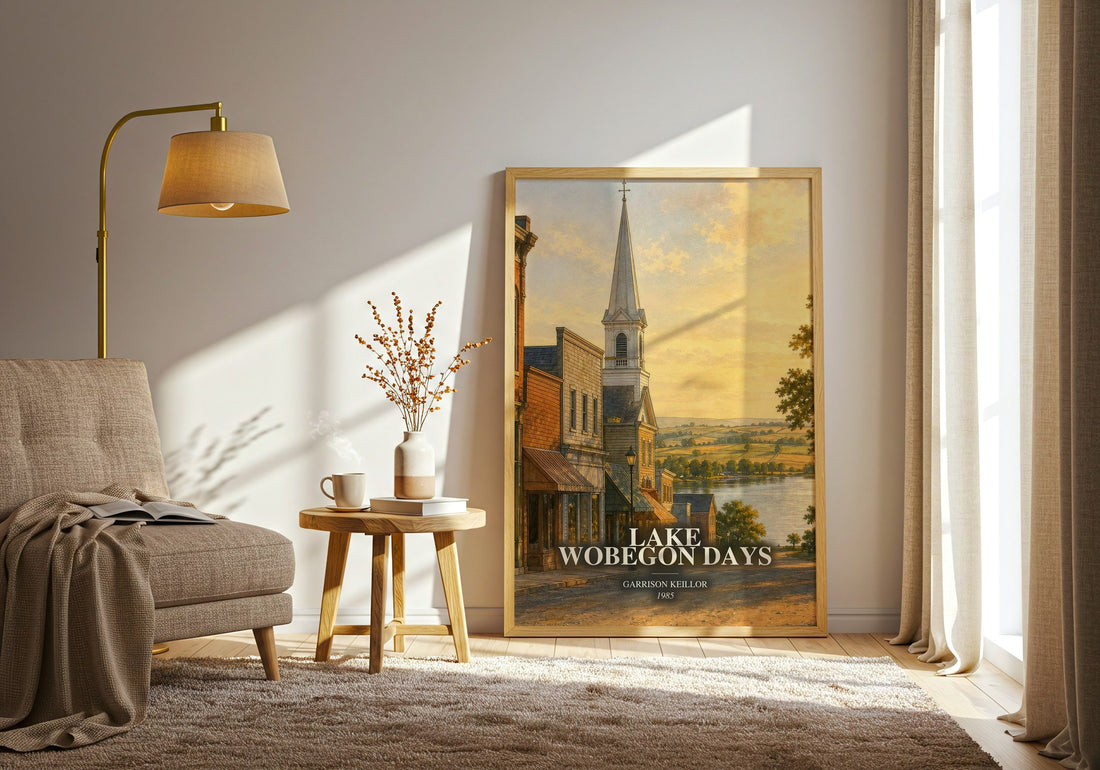 Lake Wobegon Days watercolour print in frame leaning in hallway – literary fiction wall art