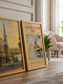 Lake Wobegon Days watercolour print framed by window – literary home decor