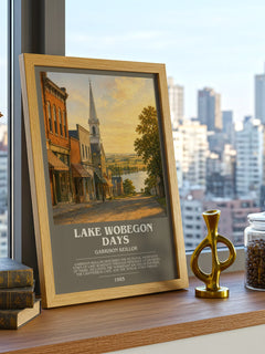 Lake Wobegon Days Bookish Wall Art by Garrison Keillor – framed print on a city-view windowsill