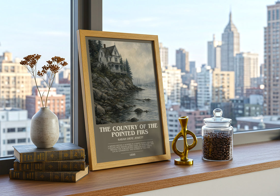 The Country of the Pointed Firs Bookish Wall Art by Sarah Orne Jewett – framed print on a city-view windowsill