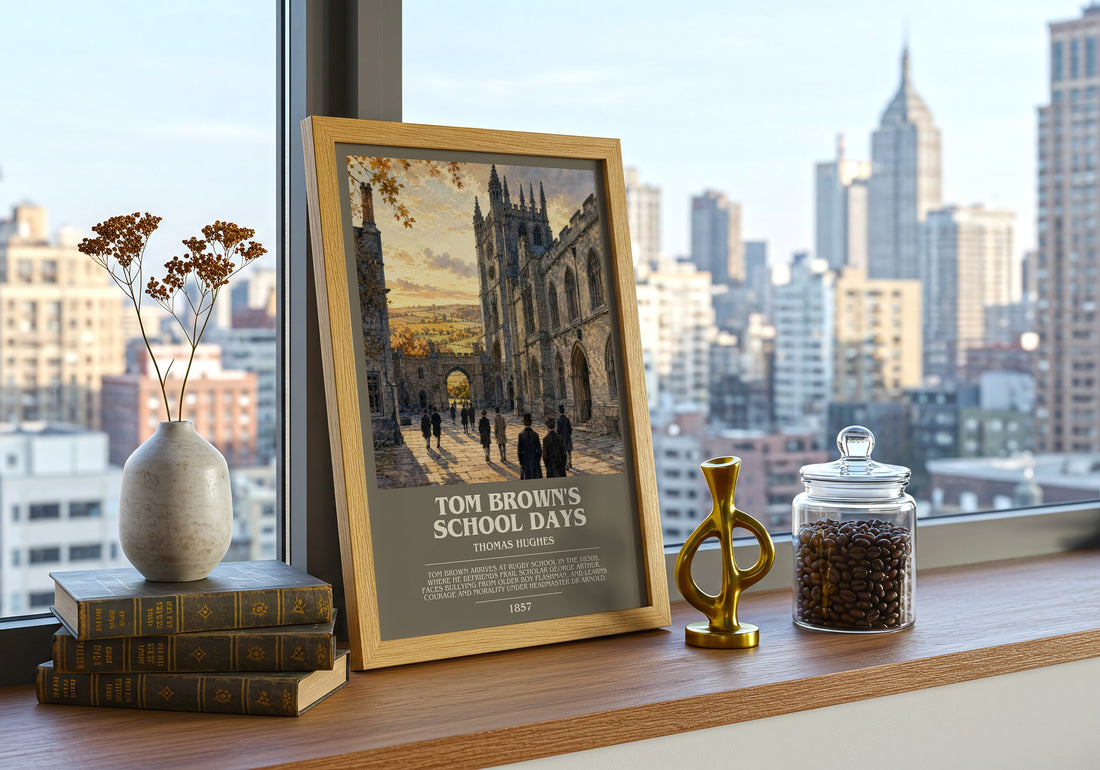 Tom Brown's School Days Bookish Wall Art by Thomas Hughes – framed print on a city-view windowsill