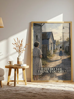 Who Do You Think You Are? watercolour print in frame leaning in hallway – literary fiction wall art