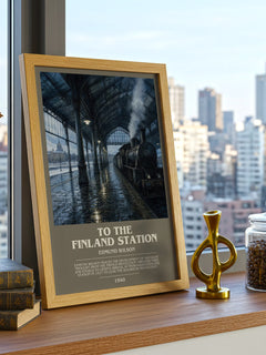 To the Finland Station Bookish Wall Art by Edmund Wilson – framed print on a city-view windowsill