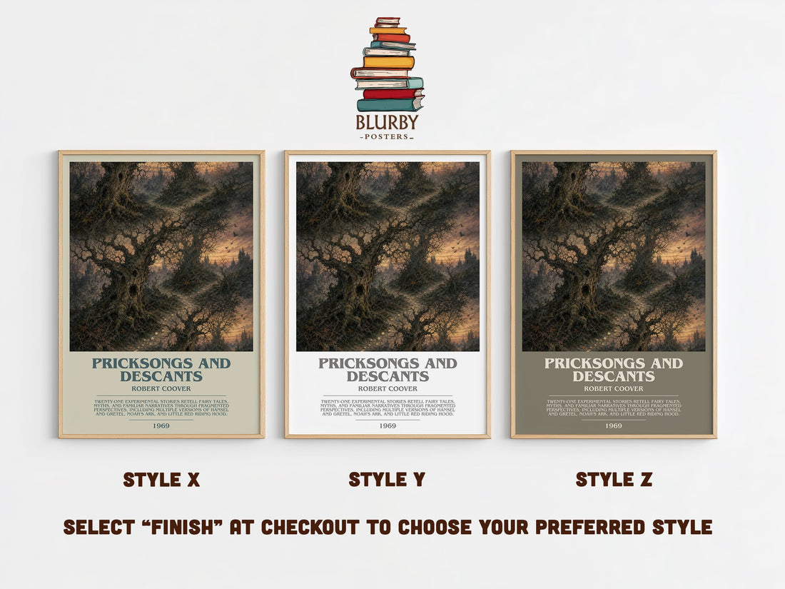 Pricksongs and Descants Bookish Wall Art by Robert Coover – Style X, Y and Z side by side – choose your finish