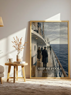 Ship Of Fools watercolour print in frame leaning in hallway – literary fiction wall art
