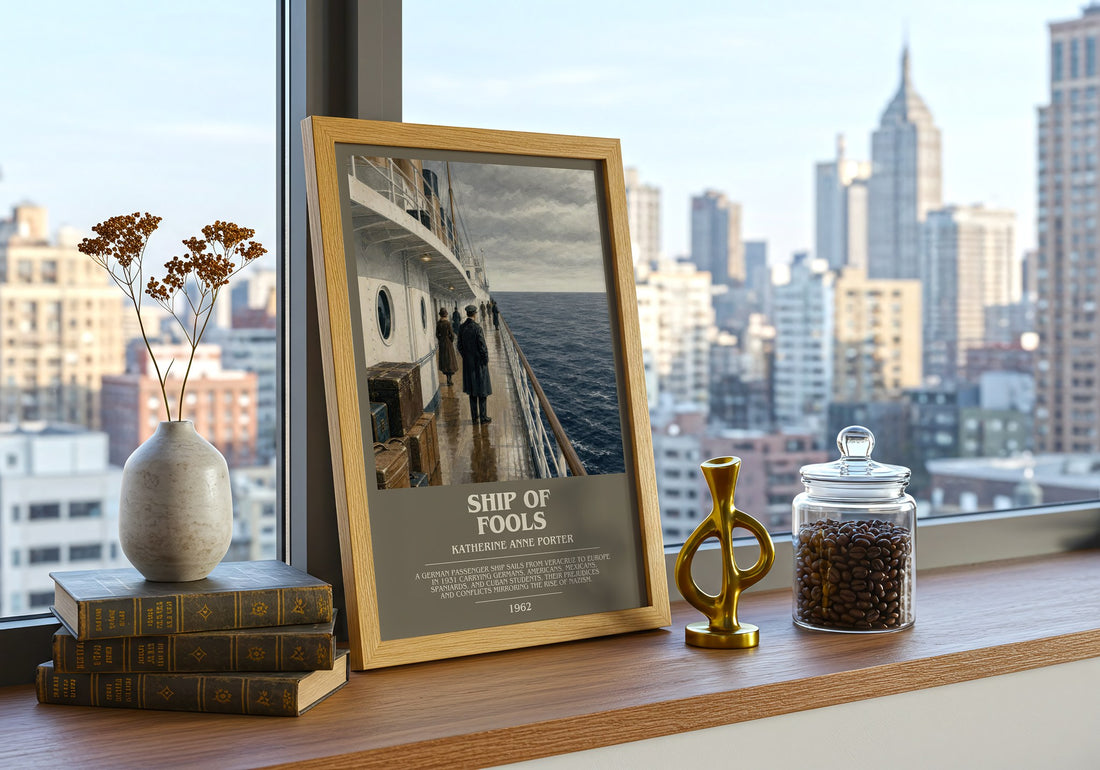 Ship Of Fools Bookish Wall Art by Katherine Anne Porter – framed print on a city-view windowsill