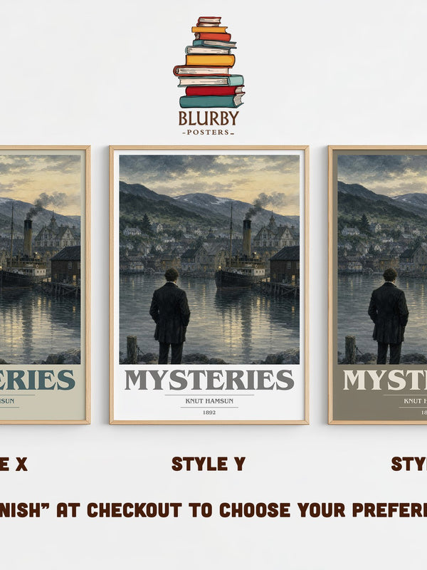 Mysteries book cover print in frame leaning in hallway – literary fiction wall art