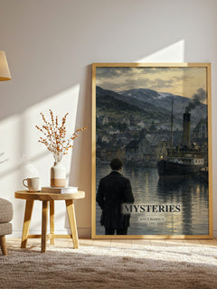 Mysteries watercolour print in frame leaning in hallway – literary fiction wall art