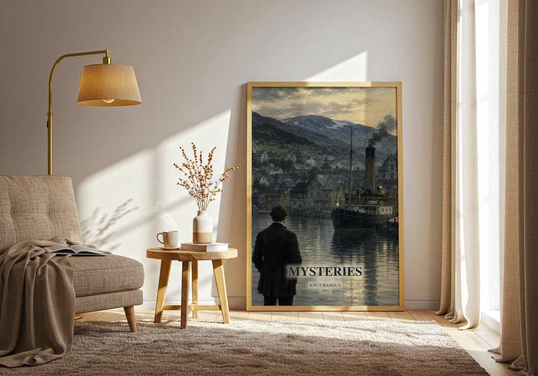Mysteries watercolour print in frame leaning in hallway – literary fiction wall art
