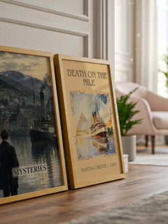 Mysteries watercolour print framed by window – literary home decor