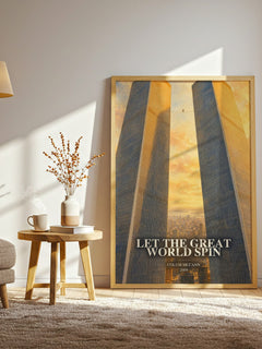 Let the Great World Spin watercolour print in frame leaning in hallway – literary fiction wall art
