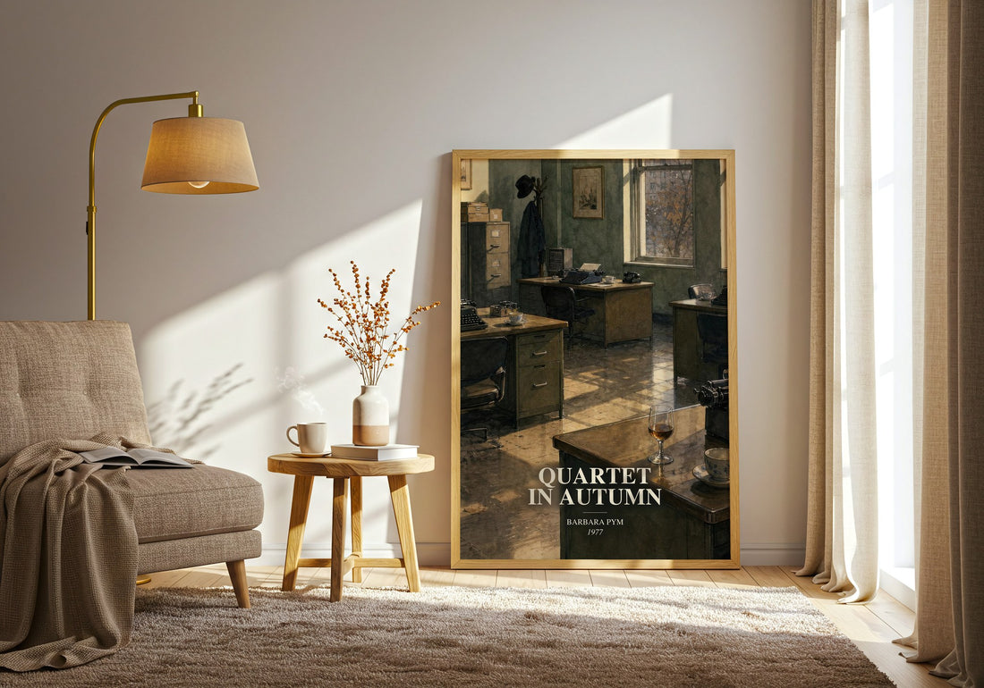 Quartet in Autumn watercolour print in frame leaning in hallway – literary fiction wall art