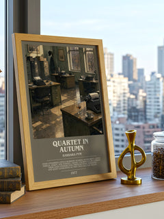 Quartet in Autumn Bookish Wall Art by Barbara Pym – framed print on a city-view windowsill