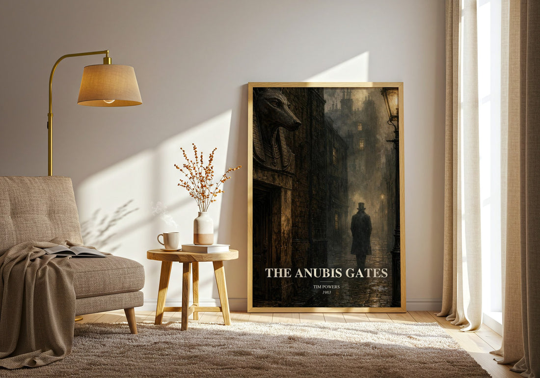 The Anubis Gates watercolour print in frame leaning in hallway – fantasy wall art