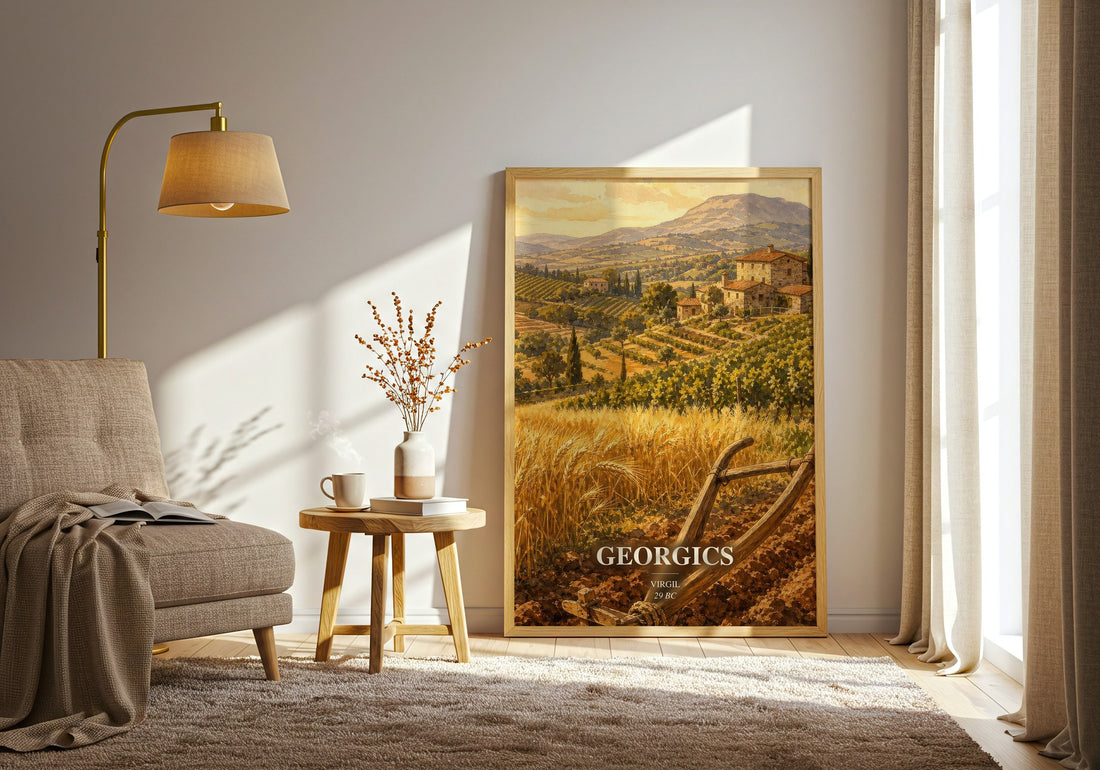 Georgics watercolour print in frame leaning in hallway – poetry wall art