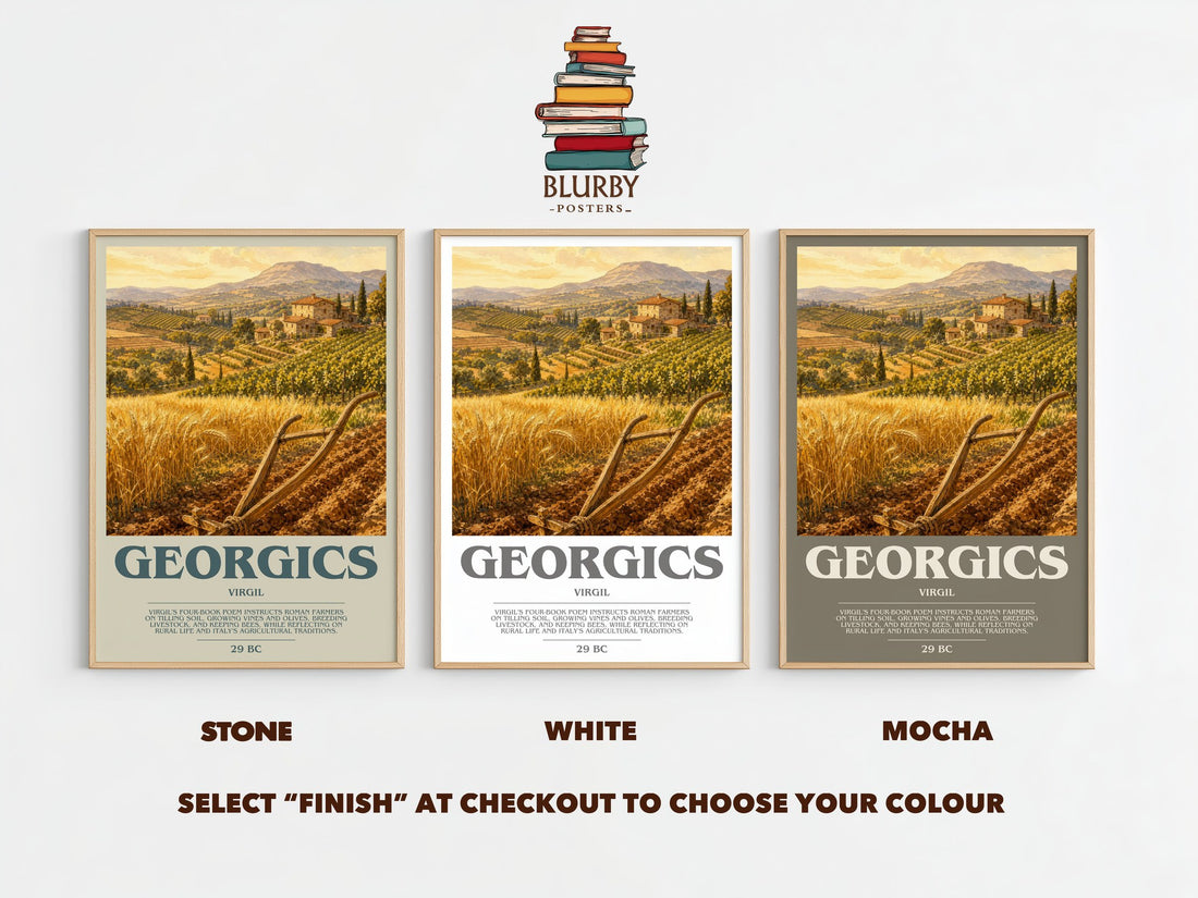 Georgics bookish print framed by window – Stone, White and Mocha side by side – choose your colour
