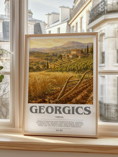 Georgics bookish print in frame leaning in hallway – poetry wall art